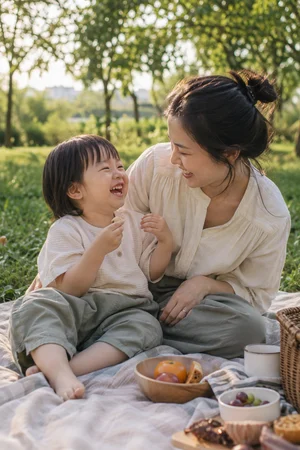 AI 生成的家庭日常照片:母亲和孩子在公园野餐